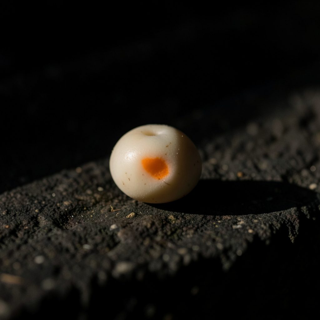 Close-up of a single pale accessory resting on a dark stone surface in soft directional morning light, quiet and moody