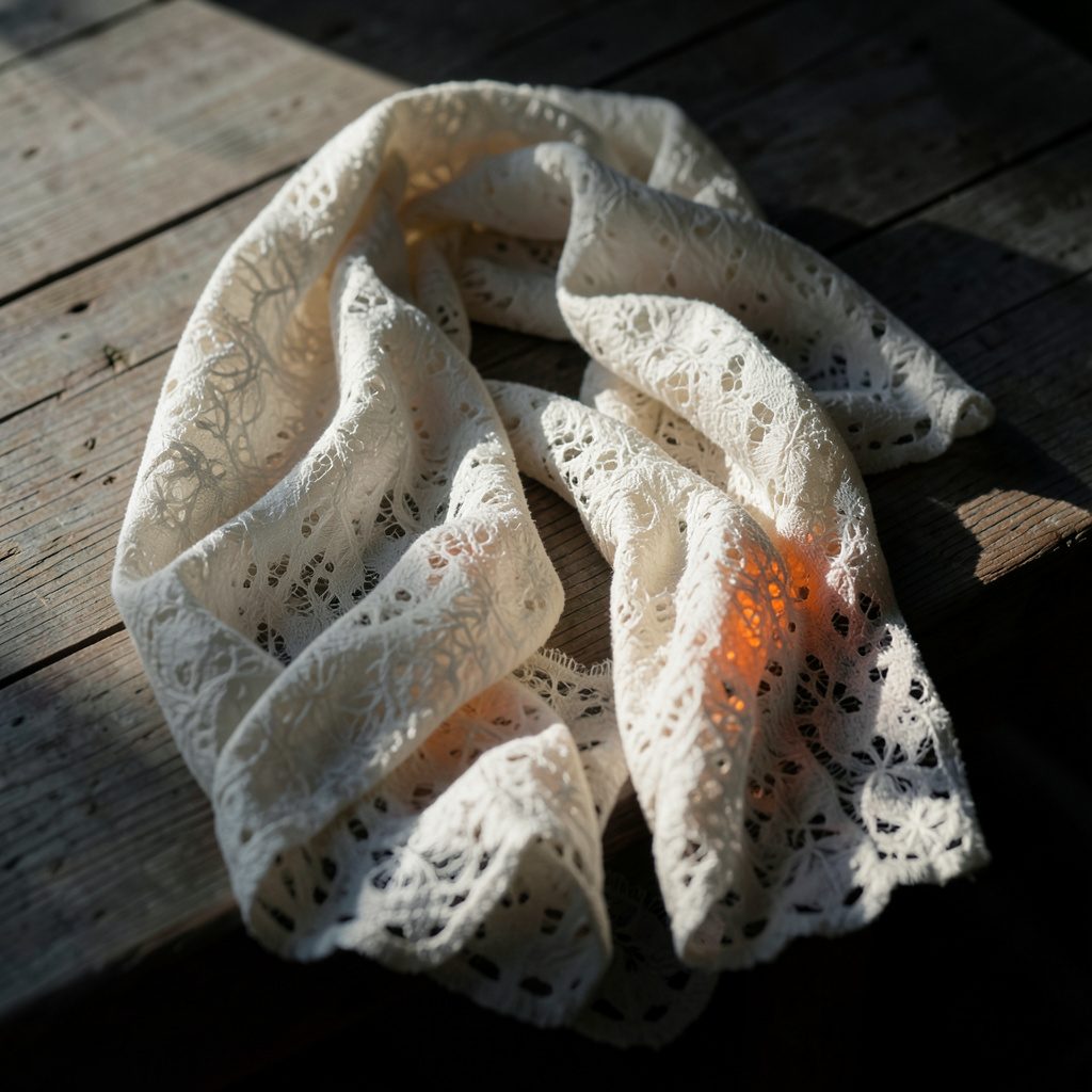 Soft cream cotton scarf draped loosely over a muted wooden surface in gentle natural daylight, calm and neutral