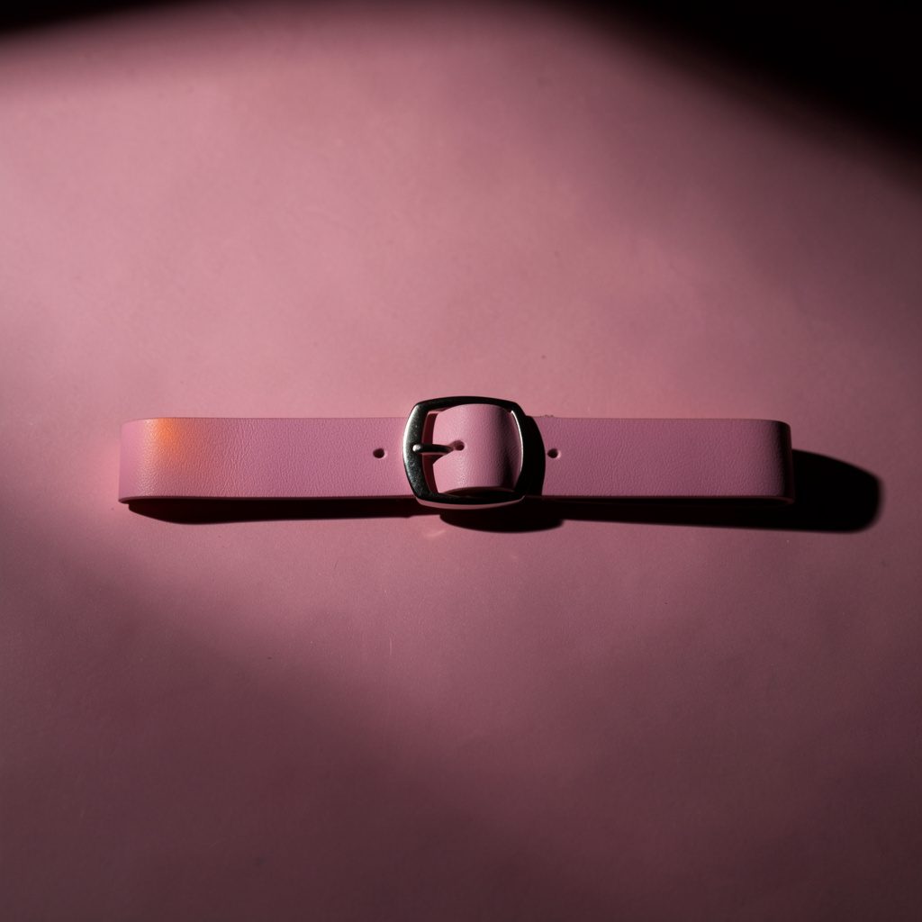 Slim hot pink belt with a small silver buckle laid flat on a soft pink studio backdrop, minimal and playful