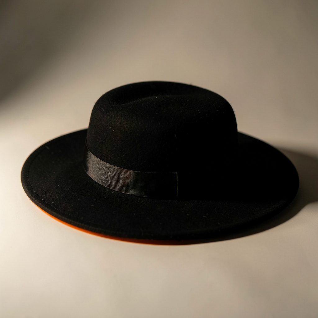 Single wide-brim black felt hat with a soft grosgrain ribbon placed on a pale neutral studio surface in low warm light